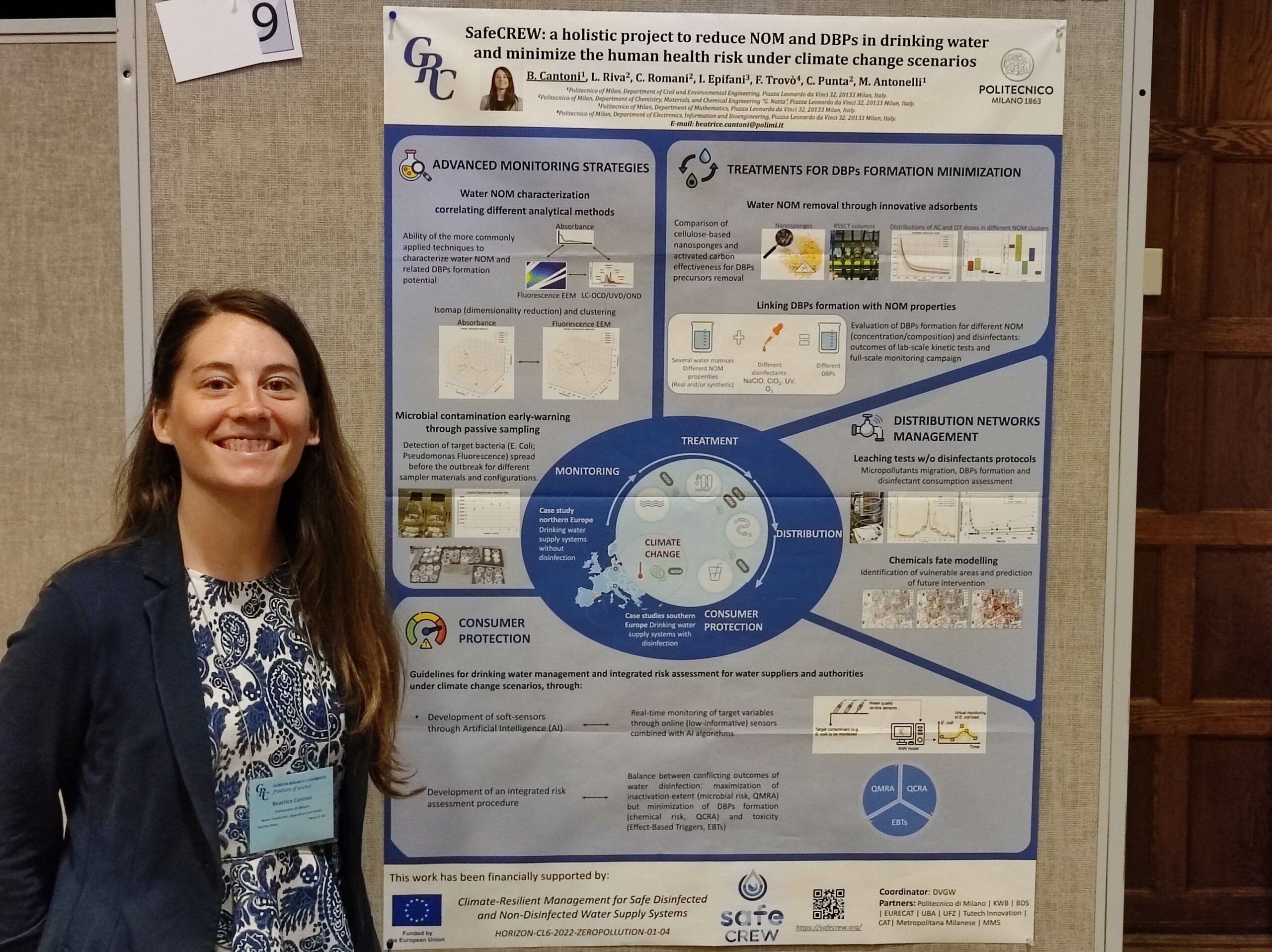 Beatrice Cantoni, postdoctoral researcher at POLIMI, and her poster “SafeCREW: a holistic project to reduce NOM and DBPs in drinking water and minimize the human health risk under climate change scenarios” at GRC in August 2023 (Copyright Maolida Nihemati)